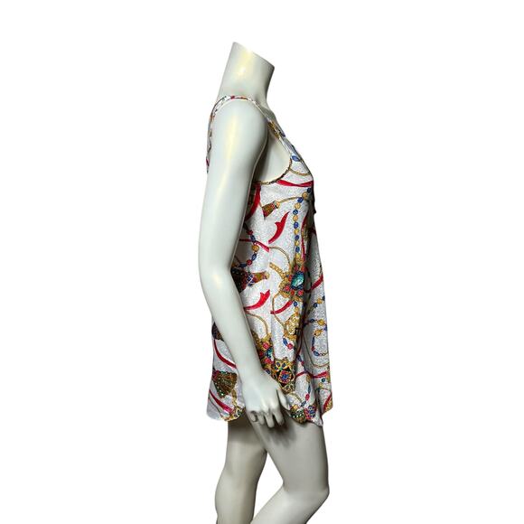 Vintage Bonjour White Mini Dress Gold Chain Scarf Jewelry Print Y2K Baroque XS/S - Picture 5 of 9